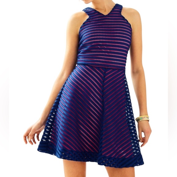 LILLY PULITZER Megyn Fit & Flare Dress In Blue/pink Size Large. - Picture 1 of 13